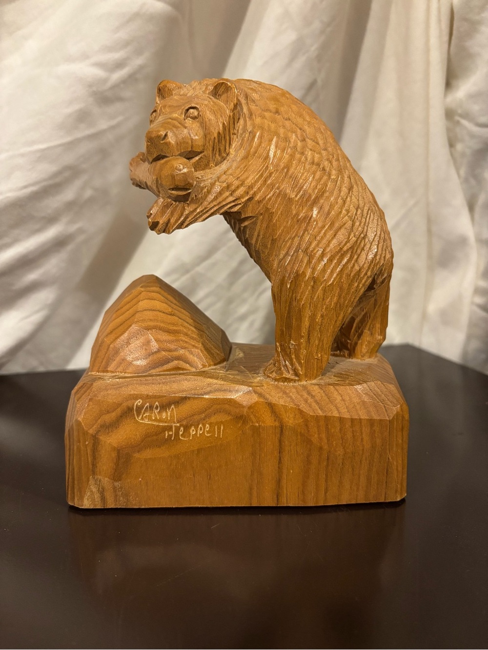 Hand-Carved Wooden Bear Figurine by - Natural Brown